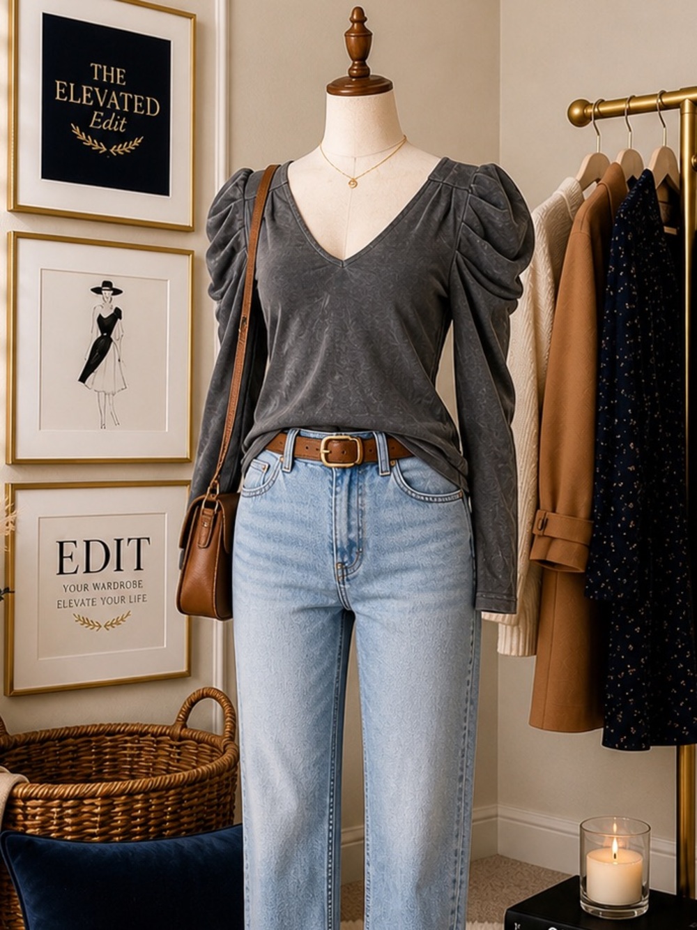 NWOT. Kendall & Kylie Puff Sleeve V-Neck Crop Top | Grey | Elevated Casual Basic